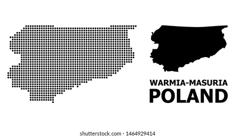 Pixelated map of Warmia-Masuria Province composition and solid illustration. Vector map of Warmia-Masuria Province combination of sphere dots on a white background.