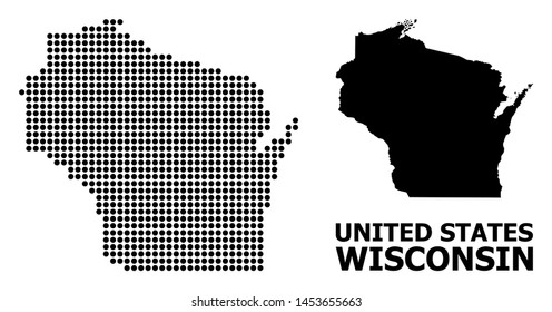 Pixelated map of Wisconsin State composition and solid illustration. Vector map of Wisconsin State composition of round pixels on a white background.