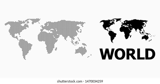 Pixelated map of world composition and solid illustration. Vector map of world composition of sphere points with honeycomb geometric array on a white background.
