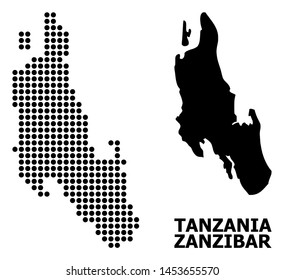Pixelated map of Zanzibar Island composition and solid illustration. Vector map of Zanzibar Island composition of circle items on a white background.