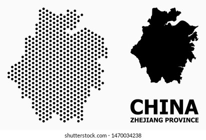 Pixelated map of Zhejiang Province composition and solid illustration. Vector map of Zhejiang Province composition of circle items with honeycomb periodic pattern on a white background.