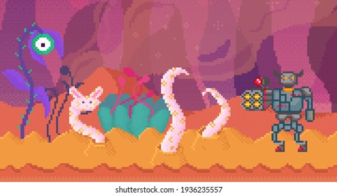 Pixelated meadow with man in iron armor with built-in weapon fighting alien plants with tentacles