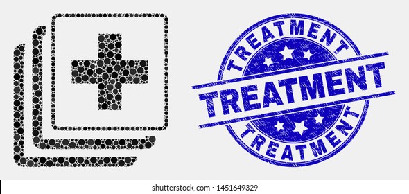 Pixelated medical data mosaic icon and Treatment seal stamp. Blue vector round grunge seal stamp with Treatment message. Vector combination in flat style.
