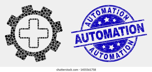 Pixelated medical service gear mosaic pictogram and Automation seal. Blue vector rounded distress stamp with Automation message. Vector collage in flat style.