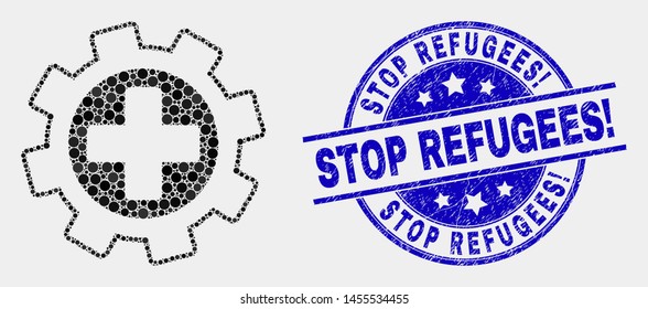 Pixelated medical settings mosaic icon and Stop Refugees! seal stamp. Blue vector round textured seal with Stop Refugees! caption. Vector combination in flat style.