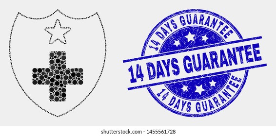 Pixelated medical shield mosaic pictogram and 14 Days Guarantee watermark. Blue vector rounded scratched stamp with 14 Days Guarantee title. Vector combination in flat style.