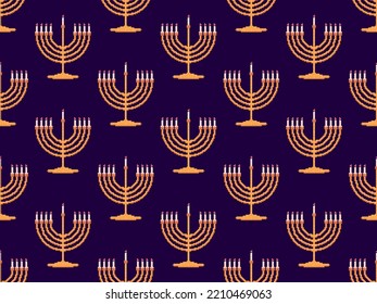 Pixelated menorah with nine Hanukkah candles seamless pattern. Happy Hanukkah greeting card in pixel art style. Golden menorah in the style of 8-bit video game graphics. Vector illustration