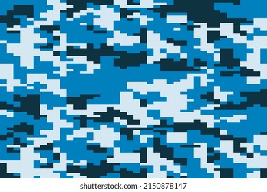 Pixelated military marine camouflage seamless pattern texture. Abstract digital pixel bit blue tileable background illustration