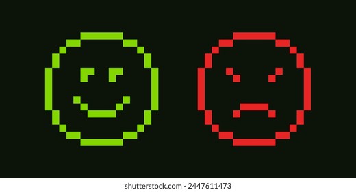 Pixelated minimalist emoticon, bad and good mood quality. Pixel art. arcade game elements or icons. 8-bit smile and angry expression. Upset and mad