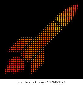 Pixelated missile launch icon. Bright pictogram in hot color tones on a black background. Vector halftone pattern of missile launch icon made from circle elements.