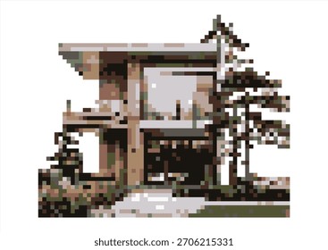 Casa Moderna Pixelizada com Paisagem Exuberante. 8 bits. Desenvolvimento de jogos, aplicativo móvel. Ilustração isolada de vetor.	
