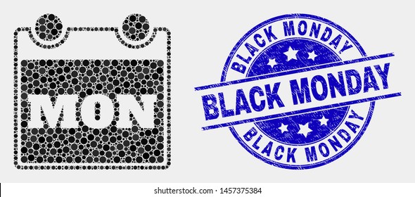 Pixelated monday calendar page mosaic pictogram and Black Monday seal stamp. Blue vector round textured seal stamp with Black Monday title. Vector collage in flat style.