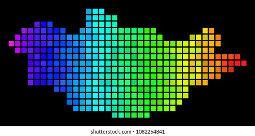Pixelated Mongolia Map. Vector geographic map in impressive spectrum color tinges on a black background. Abstract Mongolia Map collage is combined with color square elements.