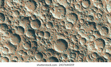 Pixelated moon background with many meteorite impact craters and dithering effect. Pixel art mosaic texture of top view lunar surface. Vintage retro video game background. Vector illustration in 8-bit