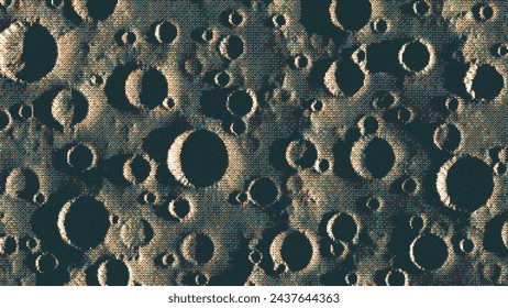 Pixelated moon background with many meteorite impact craters and dithering effect. Pixel art mosaic texture of top view lunar surface. Vintage retro video game background. Vector illustration in 8-bit