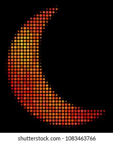 Pixelated moon icon. Bright pictogram in fire orange color tinges on a black background. Vector halftone collage of moon pictogram combined of round items.