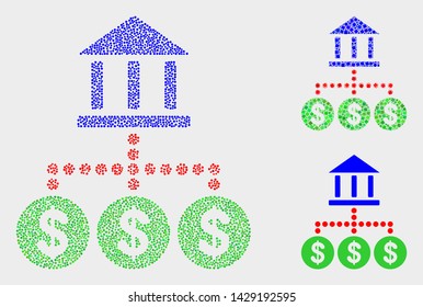 Pixelated and mosaic bank hierarchy icons. Vector icon of bank hierarchy created of random circle elements. Other pictogram is formed from rectangle elements.