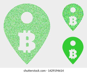Pixelated and mosaic bitcoin map marker icons. Vector icon of bitcoin map marker designed of irregular round elements. Other pictogram is created from square particles.