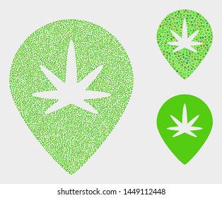 Pixelated and mosaic cannabis map marker icons. Vector icon of cannabis map marker created of random circle points. Other pictogram is created from square particles.