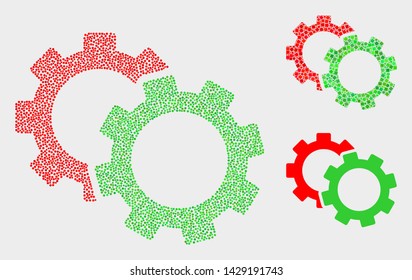 Pixelated and mosaic cogs icons. Vector icon of cogs designed of random round pixels. Other pictogram is designed from square pixels.
