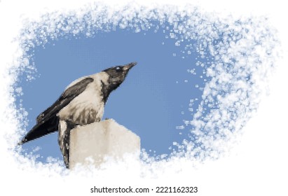 Pixelated mosaic crow with glowing blue eye, sitting on pipe, prepared to croak the news. Snow-covered edge of picture. Panel, embroidery. Ability to change to any size without loss of quality. Vector