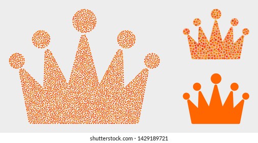 Pixelated and mosaic crown icons. Vector icon of crown composed of randomized circle pixels. Other pictogram is combined from dots.