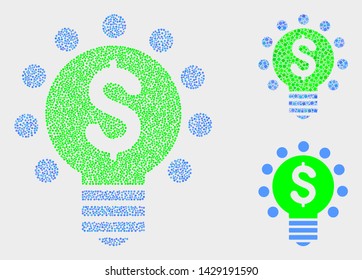 Pixelated and mosaic dollar light bulb icons. Vector icon of dollar light bulb created of random spheric dots. Other pictogram is designed from square dots.