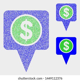 Pixelated and mosaic dollar map marker icons. Vector icon of dollar map marker organized of irregular round elements. Other pictogram is organized from dots.