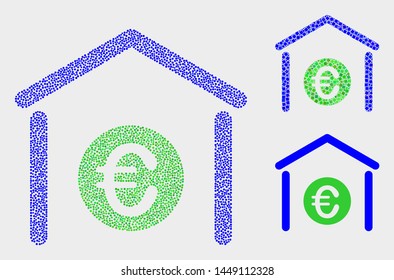 Pixelated and mosaic euro bank icons. Vector icon of euro bank constructed of irregular round points. Other pictogram is constructed from small rectangles.