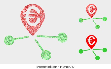 Pixelated and mosaic euro location links icons. Vector icon of euro location links composed with random circle dots. Other pictogram is composed from square dots.
