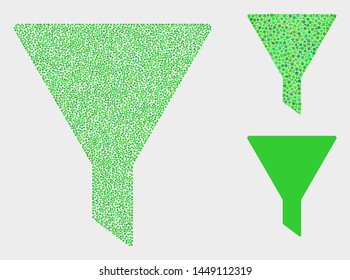 Pixelated and mosaic filter icons. Vector icon of filter organized of random round elements. Other pictogram is designed from elements.