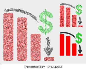 Pixelated and mosaic financial epic fail chart icons. Vector icon of financial epic fail chart designed of irregular round points. Other pictogram is designed from square particles.