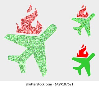 Pixelated and mosaic fired airplane icons. Vector icon of fired airplane formed of randomized spheric elements. Other pictogram is formed from small rectangles.