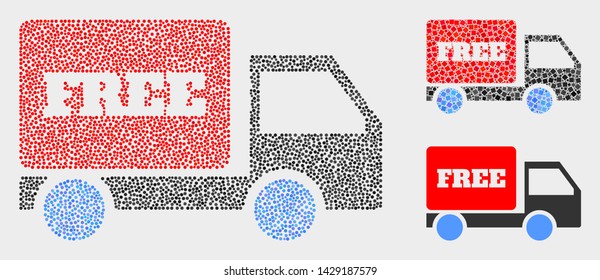 Pixelated and mosaic free delivery icons. Vector icon of free delivery combined of irregular round points. Other pictogram is combined from elements.