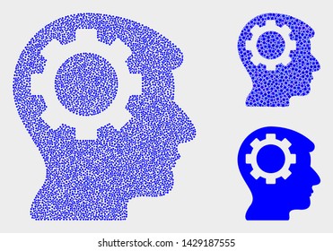 Pixelated and mosaic gear thinking head icons. Vector icon of gear thinking head created of randomized spheric pixels. Other pictogram is designed from square pixels.