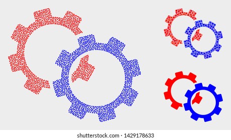 Pixelated and mosaic gears icons. Vector icon of gears composed of scattered circle items. Other pictogram is composed from square dots.