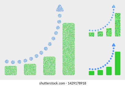 Pixelated and mosaic growing chart trend icons. Vector icon of growing chart trend created of irregular circle pixels. Other pictogram is created from elements.