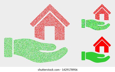 Pixelated and mosaic hand offer house icons. Vector icon of hand offer house organized of scattered round elements. Other pictogram is organized from elements.