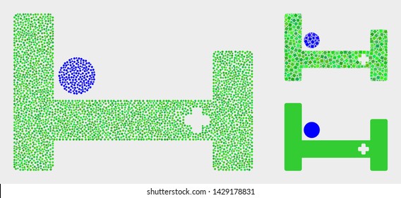 Pixelated and mosaic hospital bed icons. Vector icon of hospital bed designed of randomized spheric elements. Other pictogram is designed from dots.