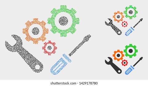 Pixelated and mosaic instrumental tools icons. Vector icon of instrumental tools combined of scattered spheric dots. Other pictogram is combined from elements.