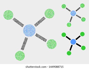 Pixelated and mosaic links icons. Vector icon of links organized of randomized circle dots. Other pictogram is designed from dots.