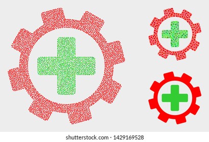Pixelated and mosaic medical service gear icons. Vector icon of medical service gear combined of random circle dots. Other pictogram is organized from elements.