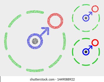 Pixelated and mosaic move to circle perimeter icons. Vector icon of move to circle perimeter created of scattered spheric dots. Other pictogram is composed from dots.