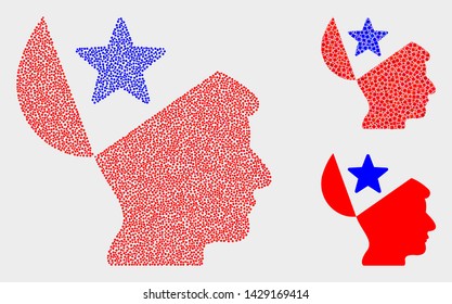 Pixelated and mosaic open mind star icons. Vector icon of open mind star created of irregular round dots. Other pictogram is created from square dots.