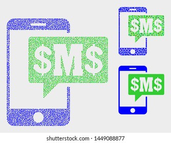 Pixelated and mosaic phone sms cloud icons. Vector icon of phone sms cloud created of irregular spheric pixels. Other pictogram is created from square dots.