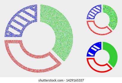 Pixelated and mosaic pie chart icons. Vector icon of pie chart organized of randomized round items. Other pictogram is organized from small rectangles.