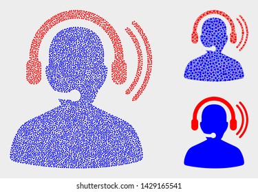 Pixelated and mosaic radio operator headset icons. Vector icon of radio operator headset composed of random spheric points. Other pictogram is composed from dots.