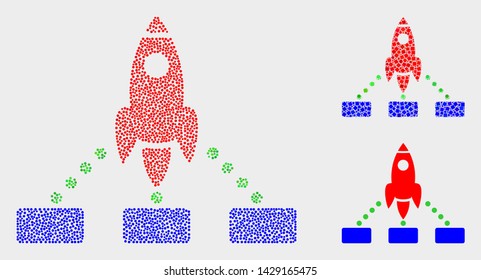 Pixelated and mosaic rocket links icons. Vector icon of rocket links constructed with random spheric elements. Other pictogram is formed from rectangle elements.