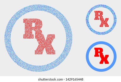 Pixelated and mosaic RX receipt symbol icons. Vector icon of RX receipt symbol composed of scattered round points. Other pictogram is combined from dots.
