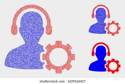 Pixelated and mosaic service call center icons. Vector icon of service call center organized of random round points. Other pictogram is combined from elements.